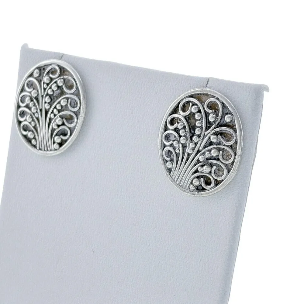 Vintage Sterling Silver 925 Oval Filigree Pierced Earrings